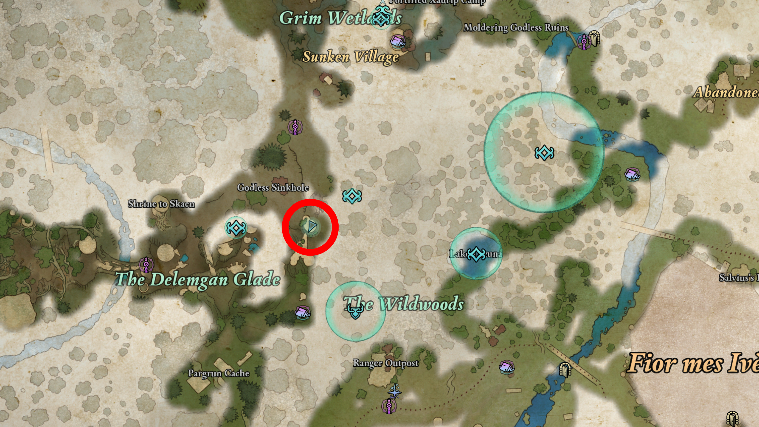 Avowed Earthy Aegis treasure map location - A map showing the location of the treasure in the Delemgan Glade in Emerald Stair.