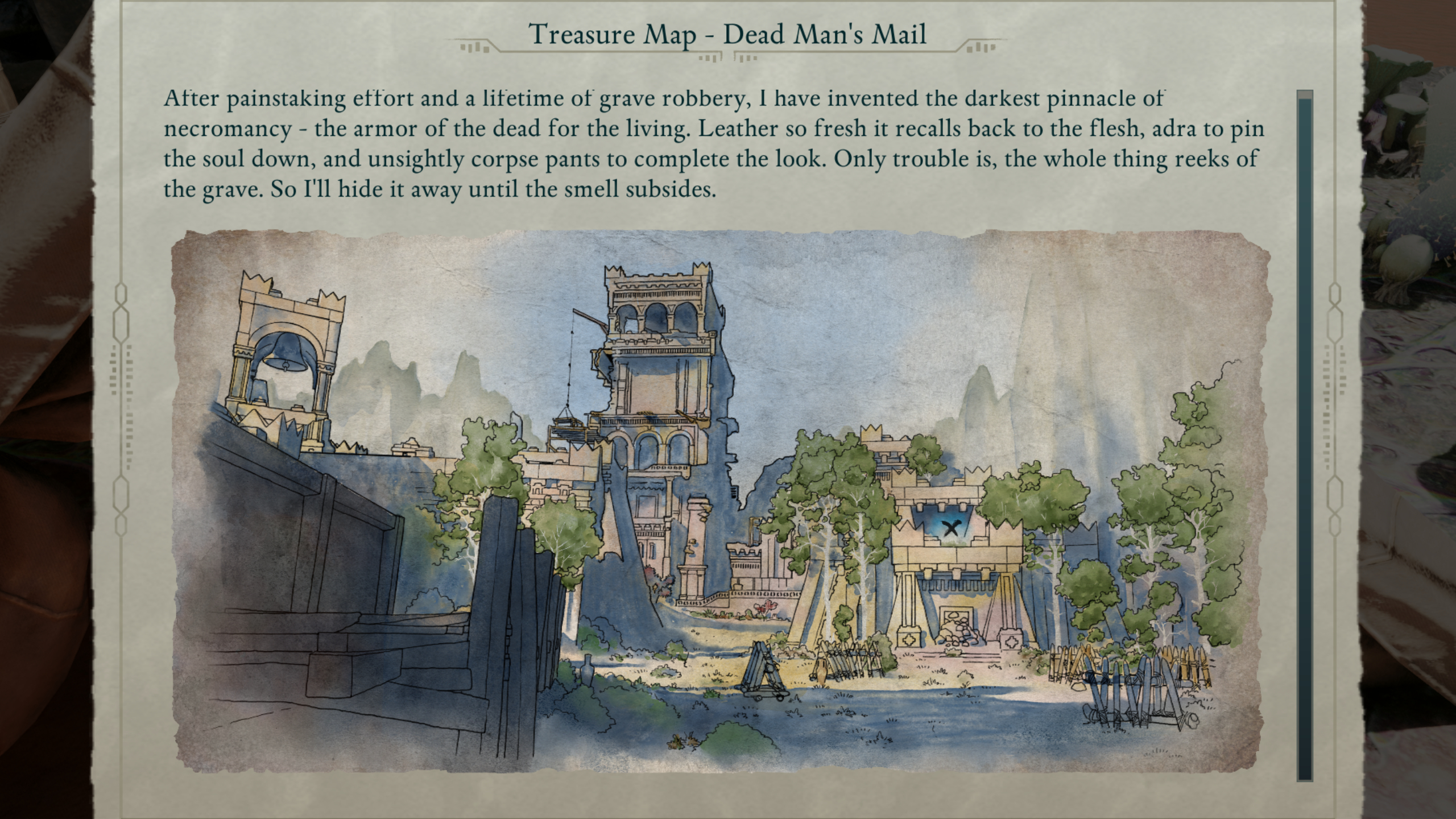 Avowed treasure maps - The clue page shows a painted map for Dead Man's Mail.